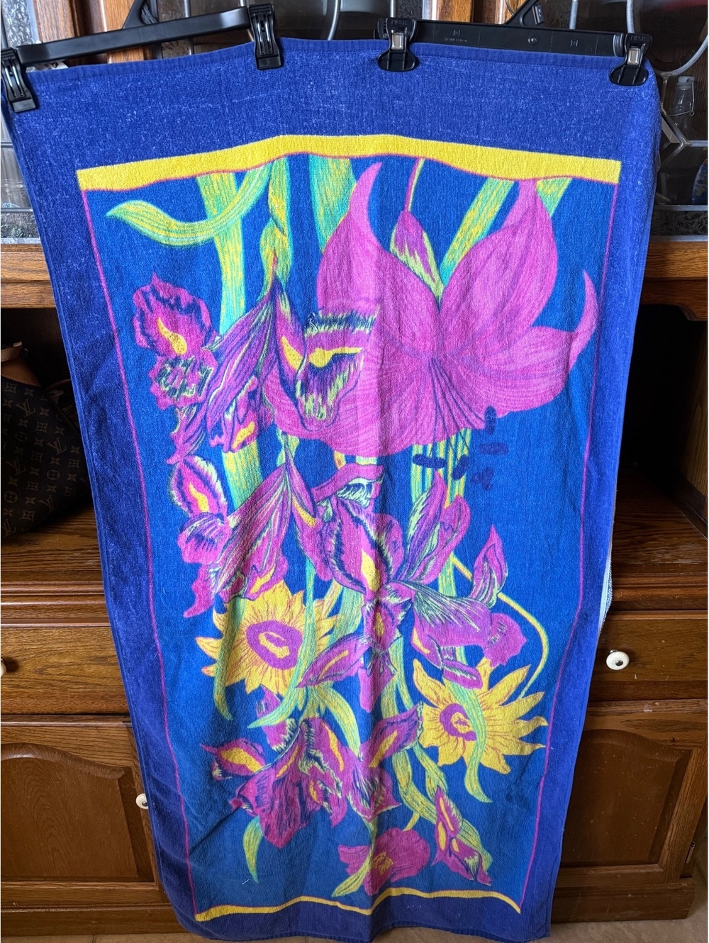 Vintage Aceco Cotton Bath Towel Blue Purple Floral Sunflower Iris Print USA